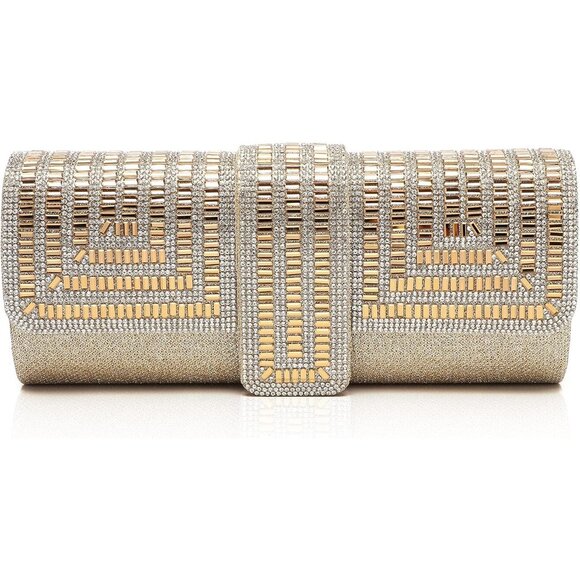 Womens Gold Crystal Sparkly Evening Clutch Purse with Rhinestones Wedding - Picture 1 of 6